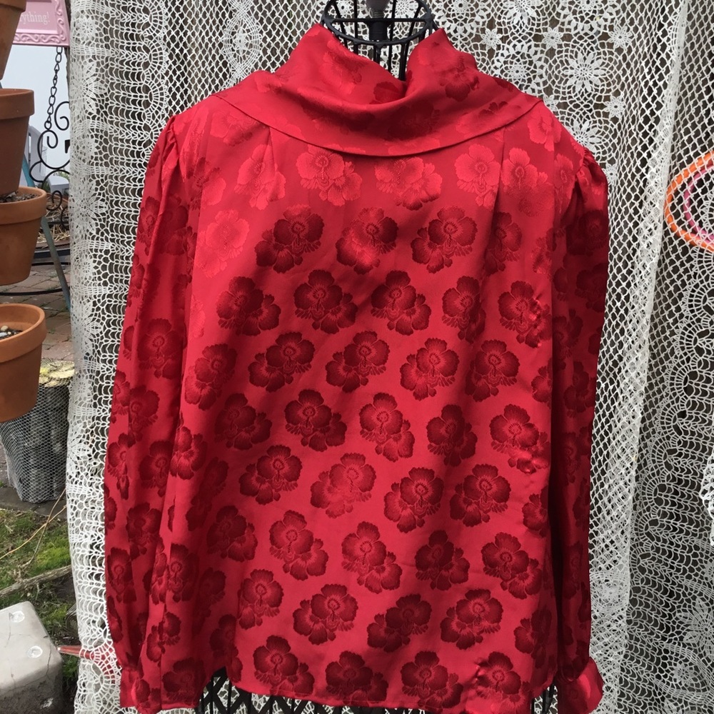 Vintage blouse top red floral lady manhattan 12 retro 1970s